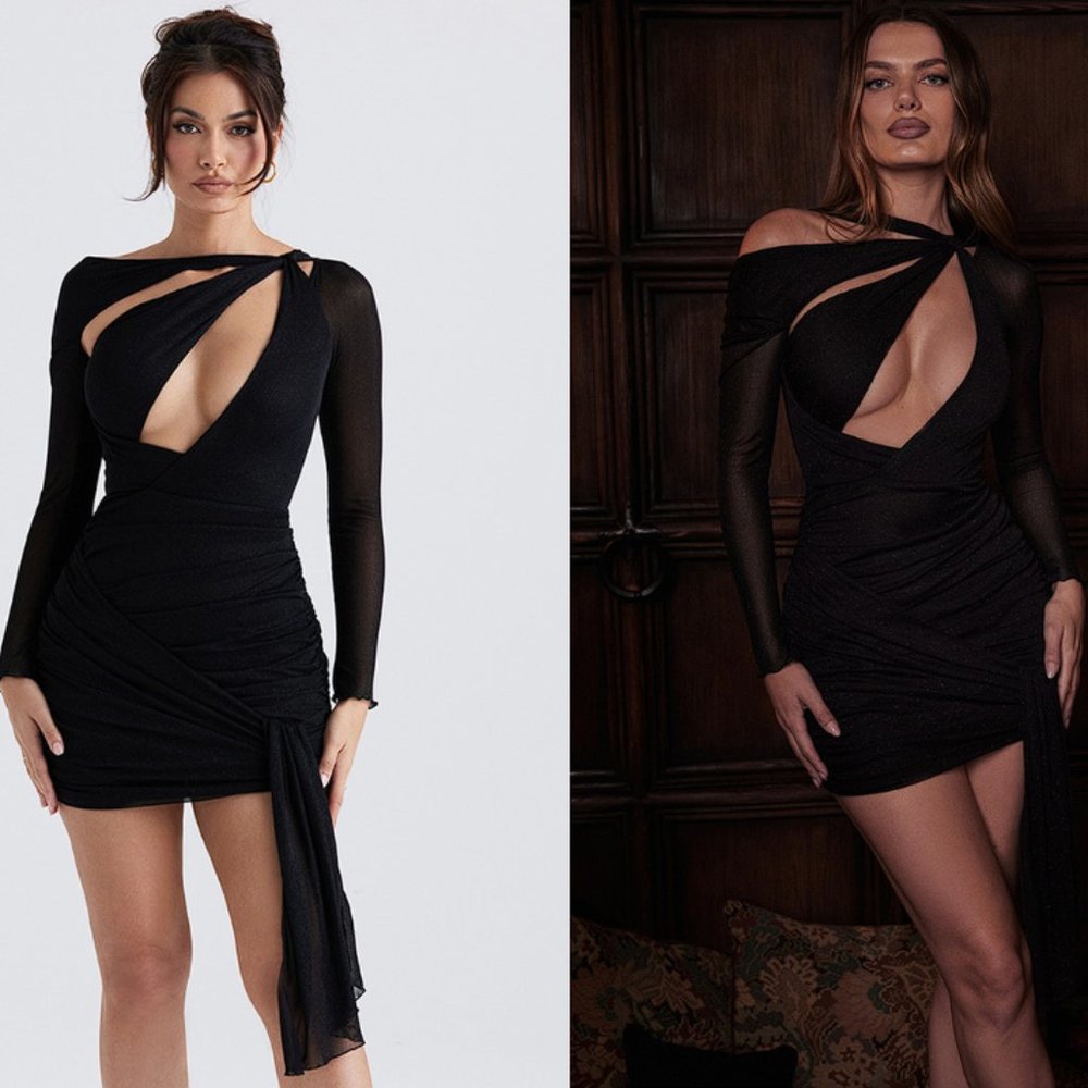 HOUSE OF CB 'Santa' Black Glitter Cutout Mini Dress NWOT - Picture 3 of 6